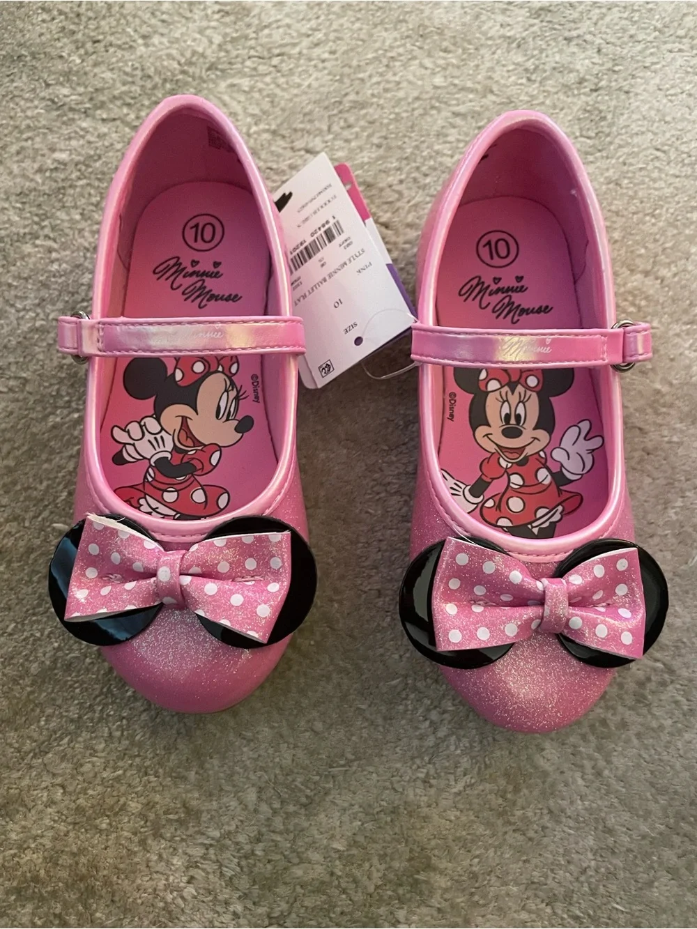 NWT Disney Pink Minnie Mouse Glitter Mary Jane Shoes with Polka Dot Bows